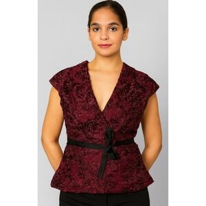 Alex Evenings Rosette Textured Sequin Blouse with Black‎ Ribbon Belt Size M